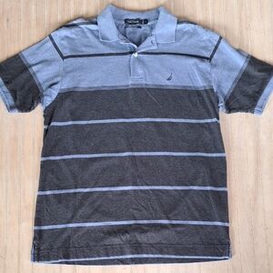 Nautica Pima Cotton Striped Polo Shirt Soft Comfy Causal Gray Blue Quality
